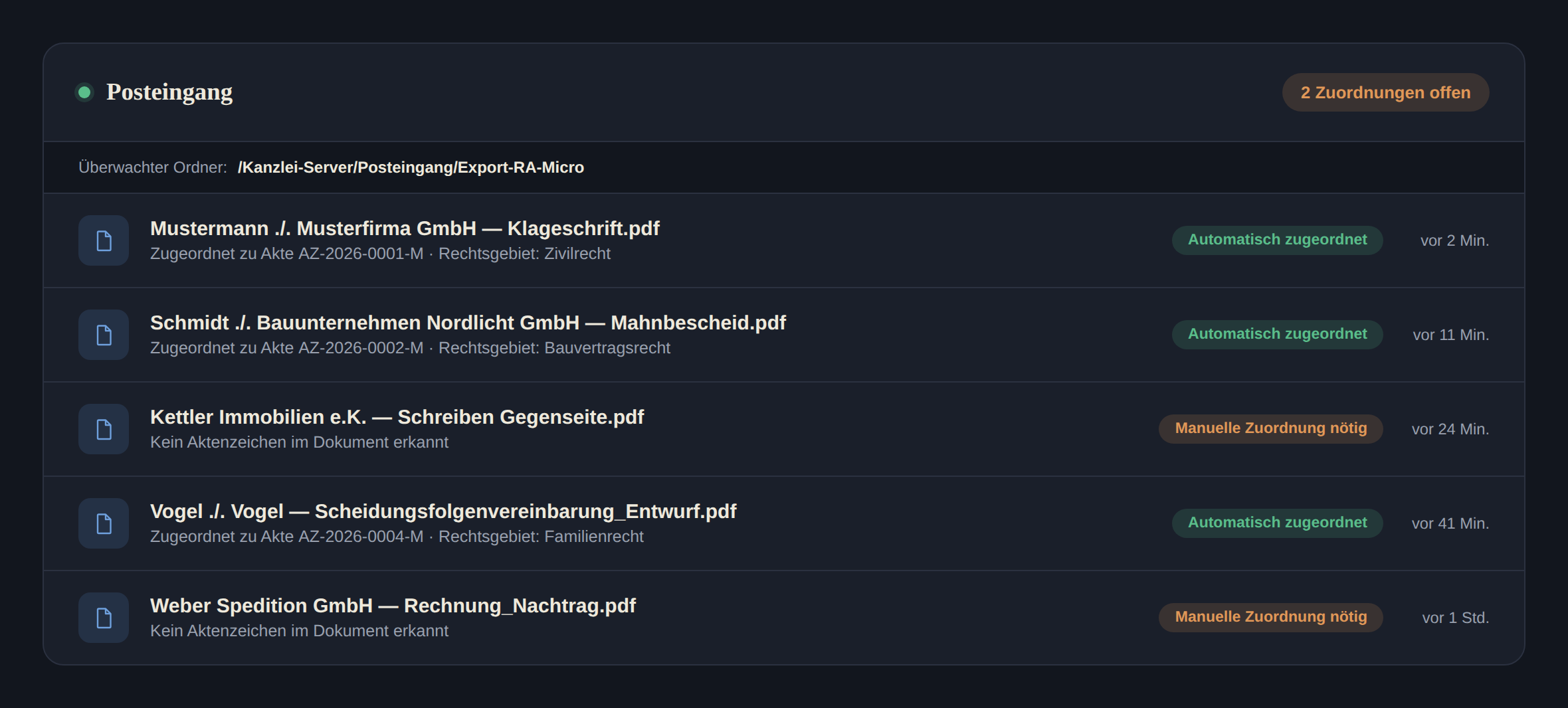 Mockup der VOXIL-Plumbing-Oberfläche: Posteingang mit zwei offenen Zuordnungen, Dokumentenliste mit automatisch zugeordneten und manuell zu prüfenden Dokumenten